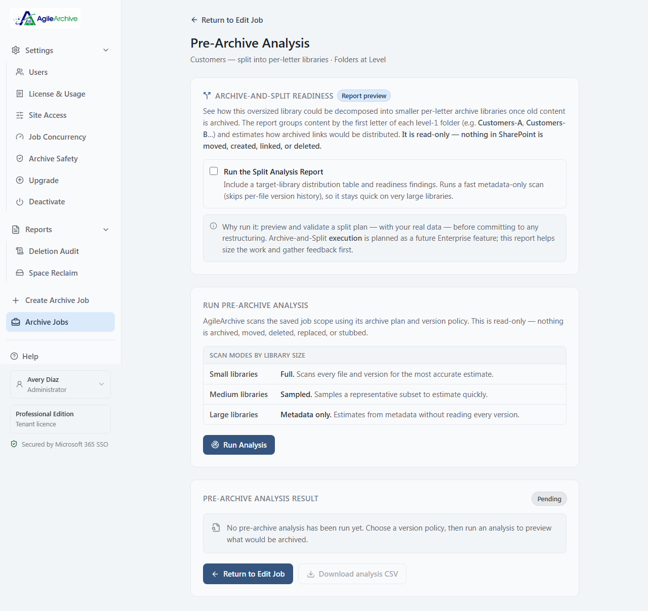 AgileArchive Pre-Archive Analysis screen showing the readiness panel and scan modes by library size