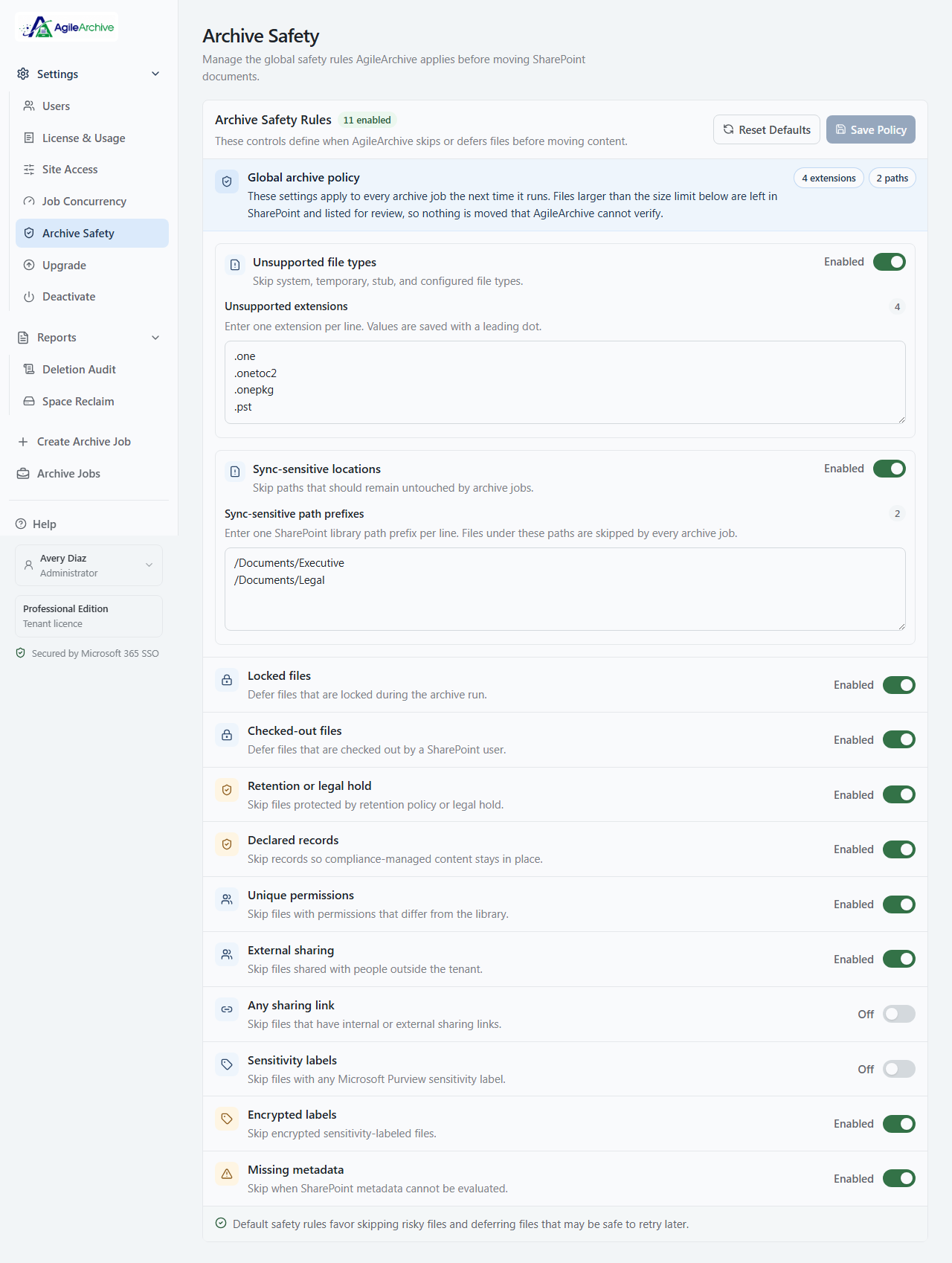 AgileArchive archive safety rules with eleven guardrail toggles enabled
