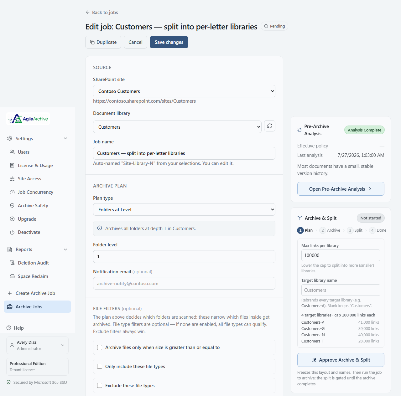 AgileArchive Approve Archive and Split screen showing the target-library layout, link distribution, and Approve button
