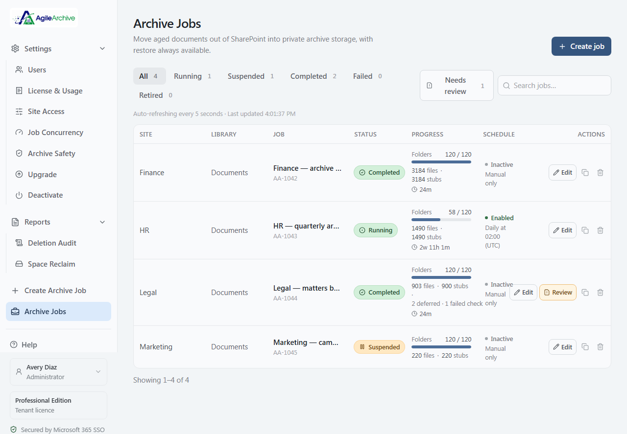 AgileArchive archive jobs dashboard showing running, completed, and paused jobs with live progress