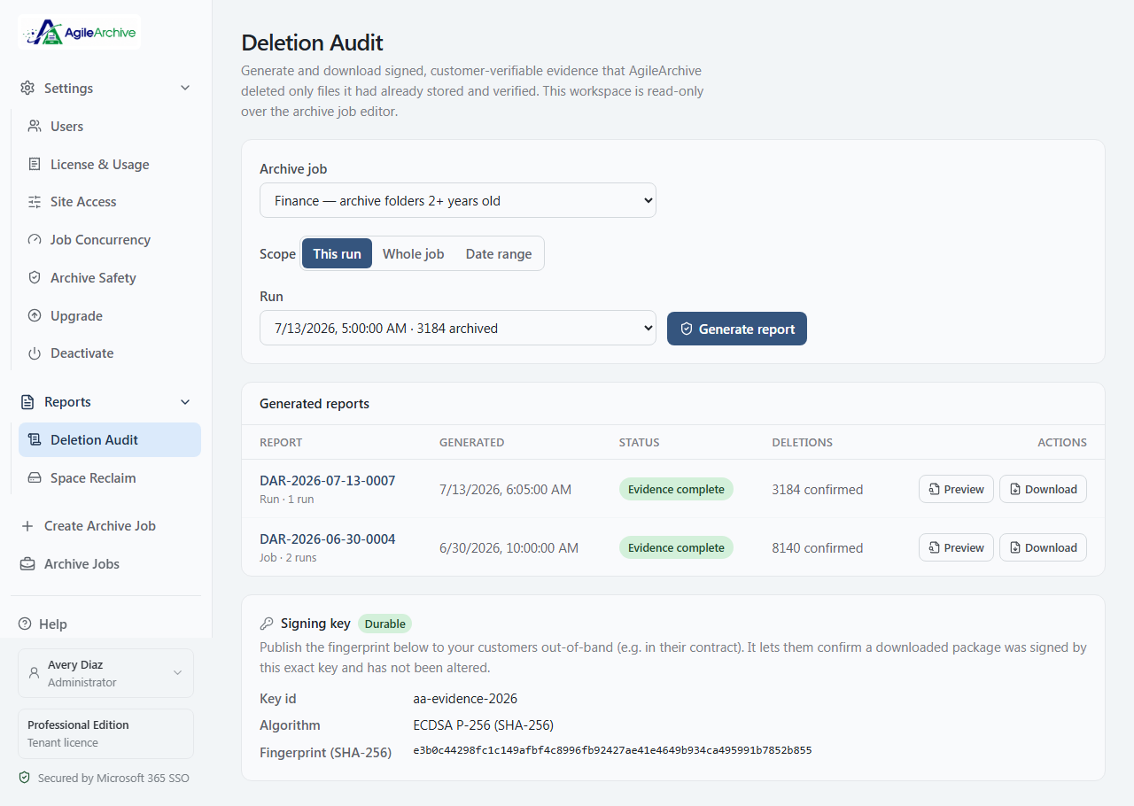 AgileArchive deletion audit workspace with signed evidence-complete reports and a durable signing key fingerprint