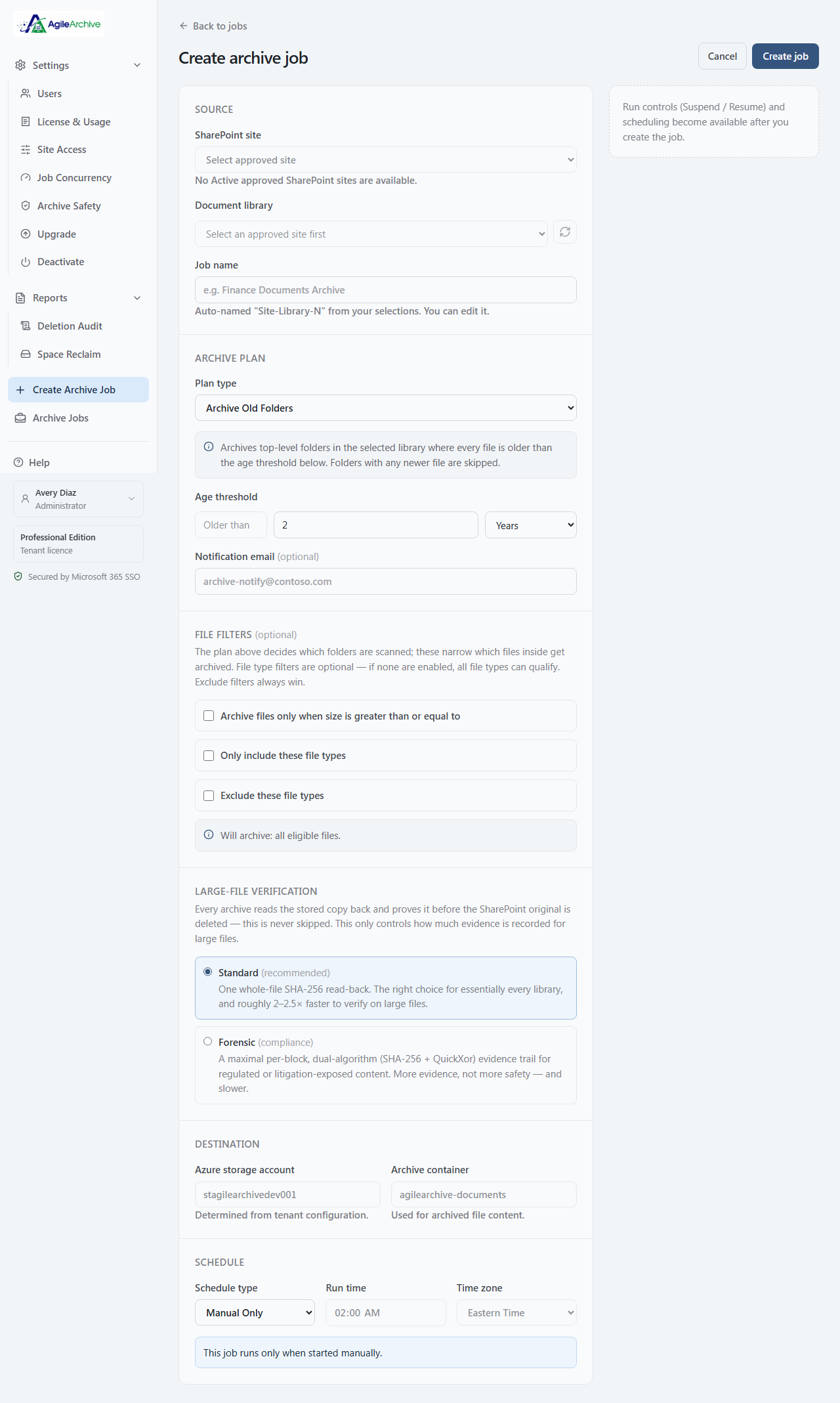AgileArchive create-archive-job form with plan type, age threshold, file filters, verification mode, and schedule
