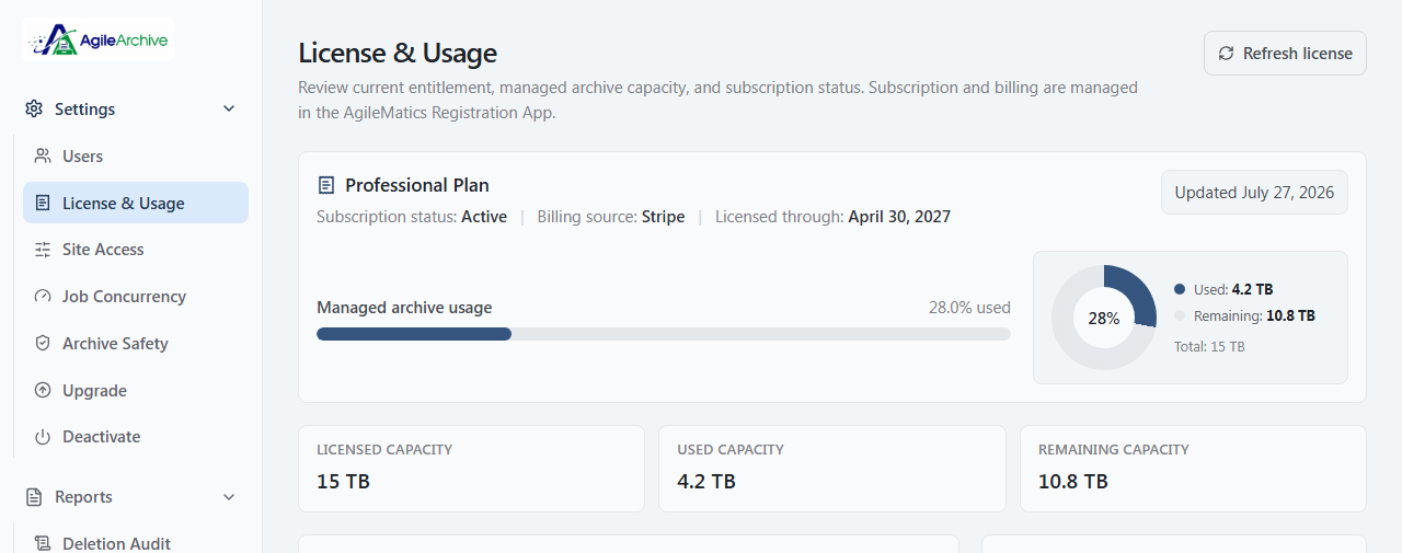 AgileArchive license and usage screen showing 15 TB licensed capacity, used, and remaining