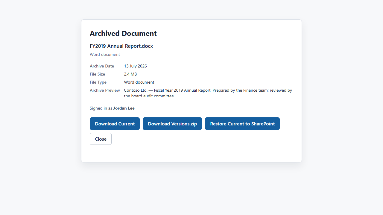 The archived-document page a SharePoint stub link opens, with download and restore actions