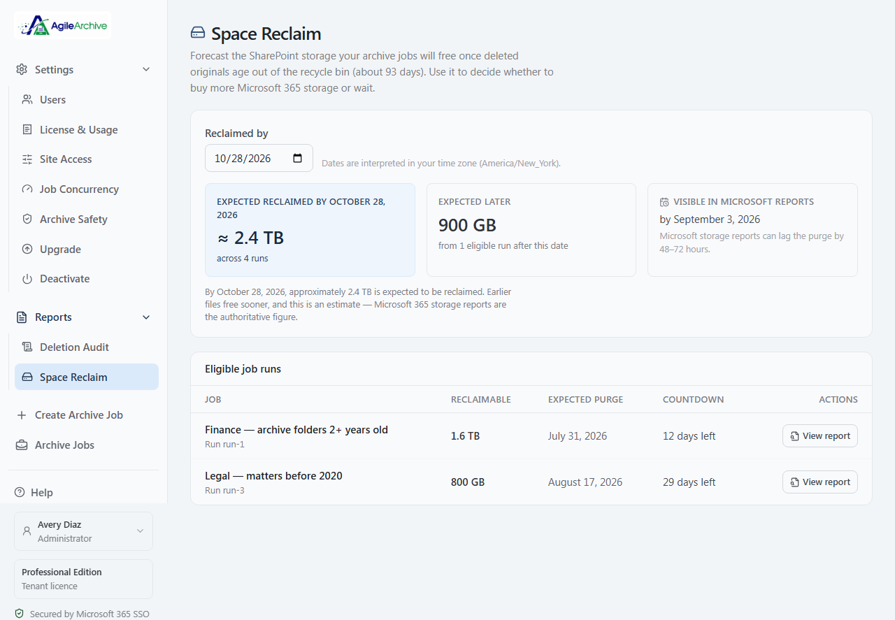 AgileArchive space reclaim forecast showing estimated reclaimed storage and per-run countdowns