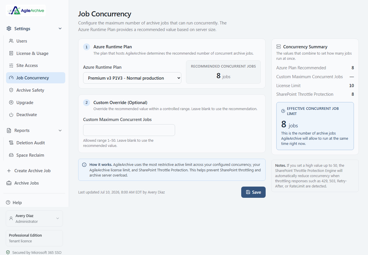 AgileArchive job concurrency and SharePoint throttle protection settings